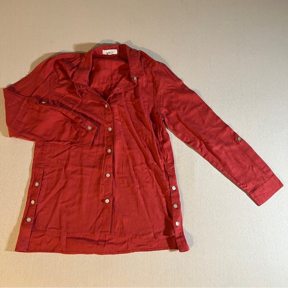 ND Linen Button Down Long Sleeved Tunic Top in Dark Salmon Orange/Red, Medium - Picture 1 of 9